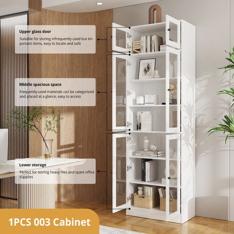 86.7'' H X 23.6'' W Book Cabinet Storage Bookcase With 7 Shelves With Glass Doors, White