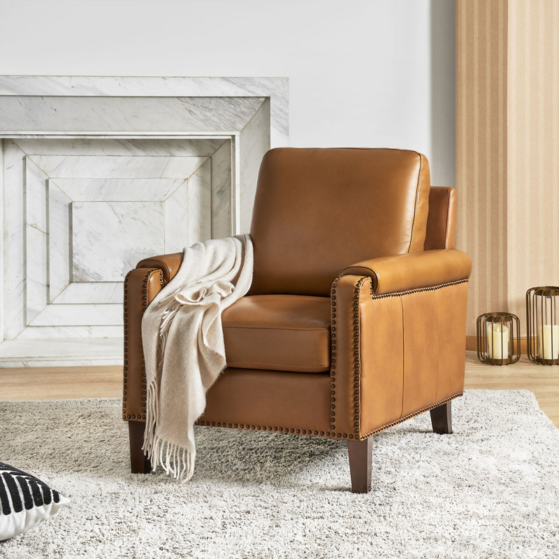 Pascarella 31.5'' Wide Genuine Leather Club Chair with Solid Wood Legs, Camel