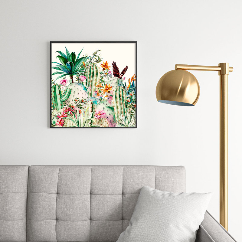 Blooming in the Cactus - Peinture sur verre encadrée, H 20 po x l 20 po x P 1 po, Noir