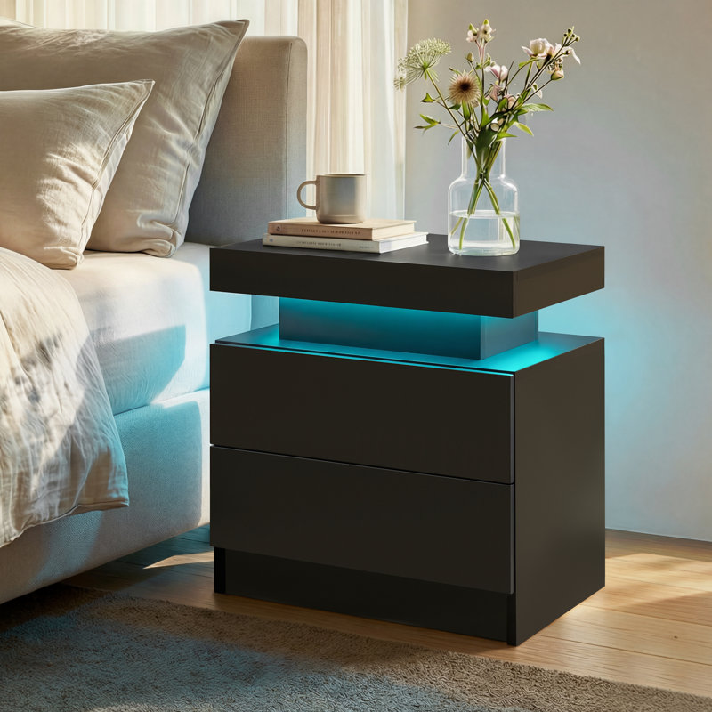 LED Nightstand with Drawers, Black