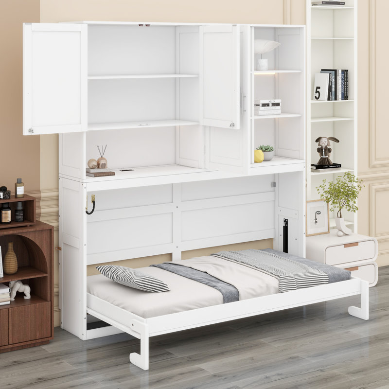Lit escamotable avec armoire supérieure, tablettes, Blanc