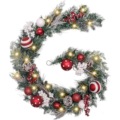  6 feet Pre-Lit Christmas Garland with Lights for Mantle, Lighted Battery Operated Valentine's Day Garland with Red White Balls for Front Door Fireplace Table Centerpiece Decor