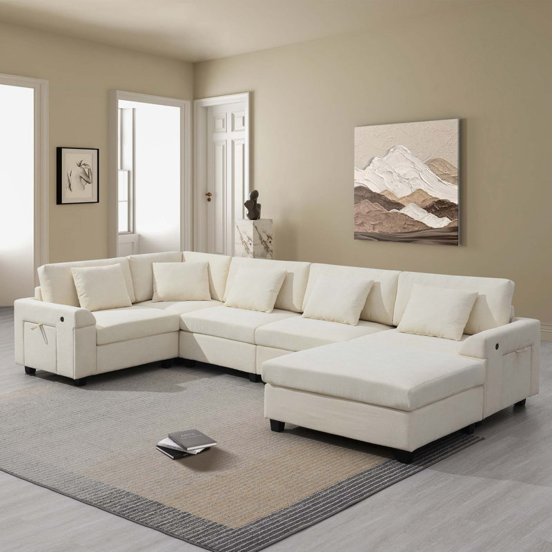 Canapé modulaire rembourré avec rangement pour accoudoirs cachés 6 pièces Caelora, Blanc