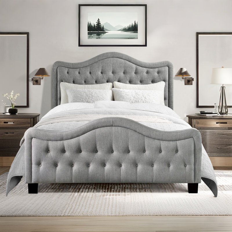 Upholstered Polyester Tufted Button Adjustable Height Headboard with Footboard, Gray, King