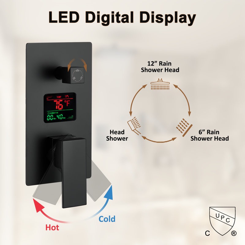 Ceiling Mounted Pressure Balanced Luxury Complete Shower System with Digital Display and Rough-in Valve, Matte Black