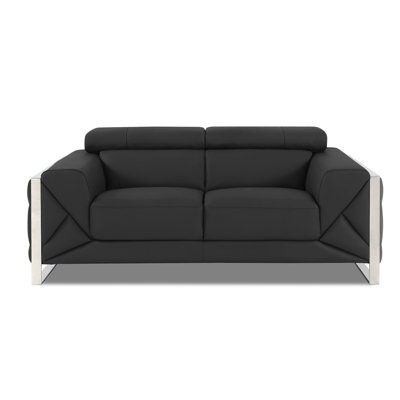 Dark Gray Genuine Leather Loveseat with Adjustable Headrests