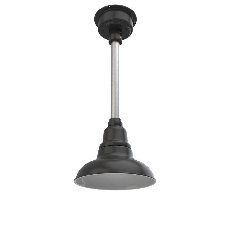 Luminaire suspendu 1 dôme à del simple Idella, Noir mat avec tige argent galvanisé, H 9 po x l 8 po x P 8 po