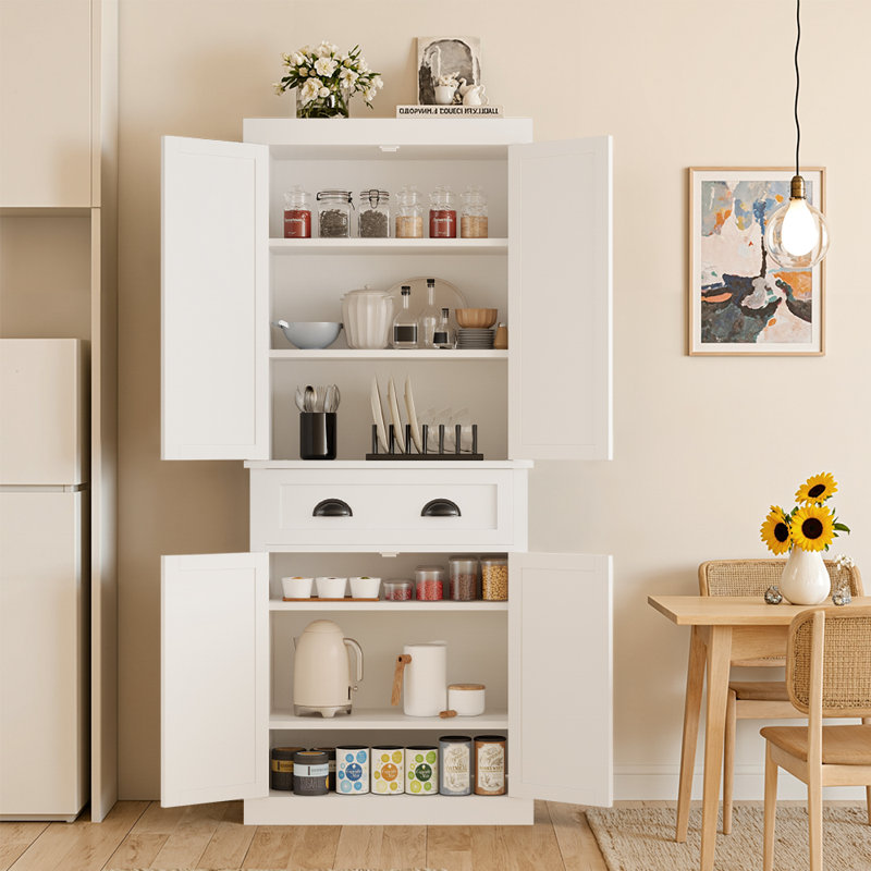 Tall Kitchen Pantry with 4 Doors and Large Drawer for Dining Room Living Room, White