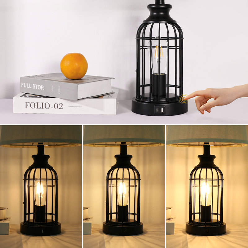 Jeadon Metal Bird Cage, 3 Way Dimmable, Night Light Table Lamps with USB Port, Matte Black