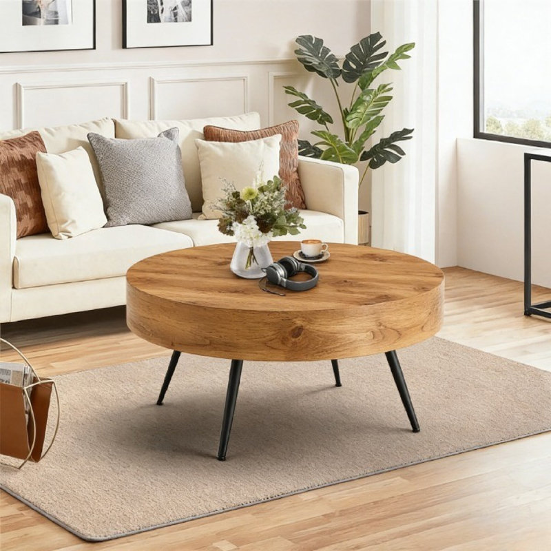 31.5" Mid-Century Modern Round Coffee Table with Metal Hairpin Legs, Brown