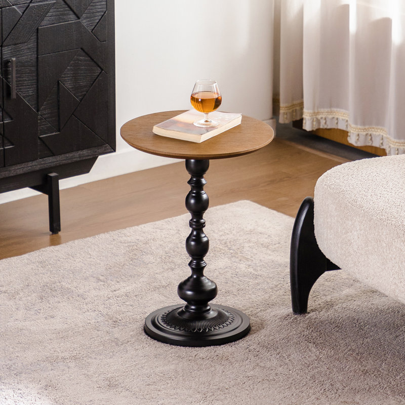 15.7" Vintage Pedestal Natural Round End Table Metal Base For Living Room&Bedroom, Brown/Black