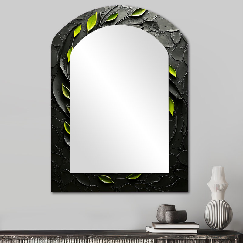 «Green and Black Botanical Balance II - Botanicals Arch», unique miroir décoratif mural, grand miroir asymétrique vert, impression d'art en métal