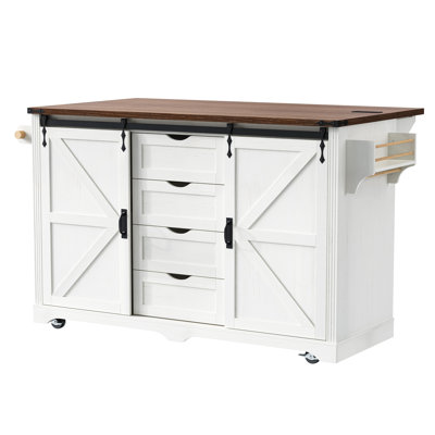 72" Farmhouse Kitchen Island with Dual Mini Fridge Storage Space & Power Outlet, Rolling Coffee Bar Cabinet on Wheels with Drop Leaf, 4 Drawers & Sliding Barn Doors