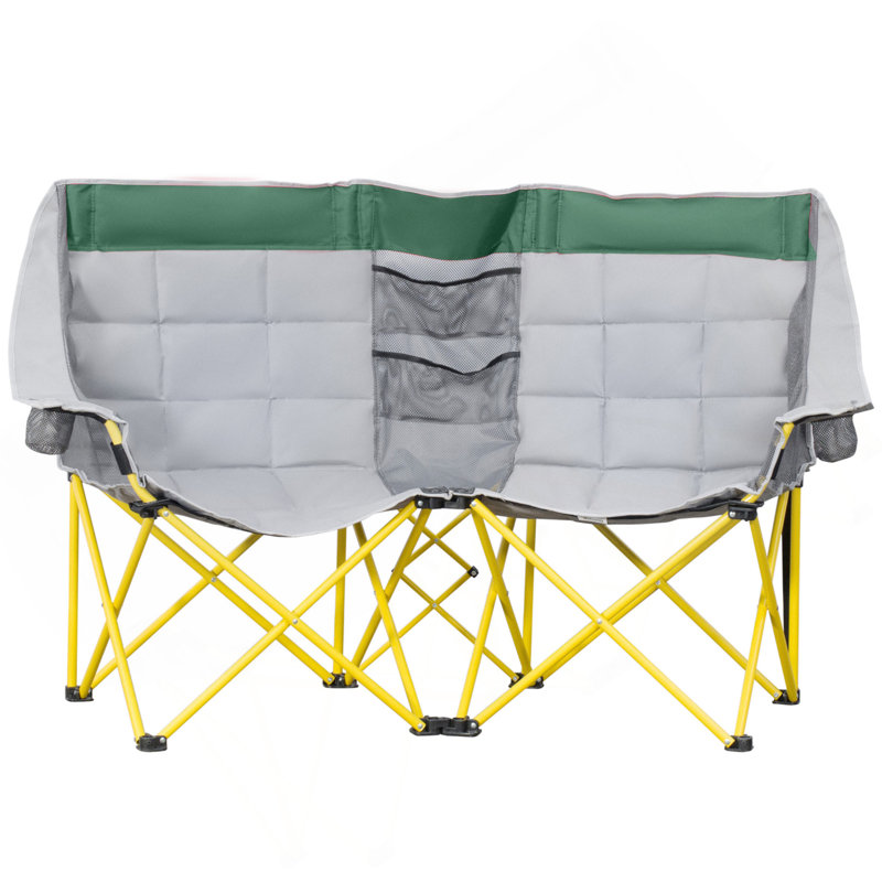 Outsunny Loveseat Style Camping Chair, Oversized Folding Lawn Chair With Carry Bag & Cup Holders, For Outdoor, Beach, Picnic, Hiking, Travel, Green & Gray
