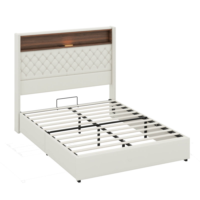Lit plateforme tapissier en velours avec port USB et veilleuse, cadre de lit doux avec tête de lit et décoration de rivet