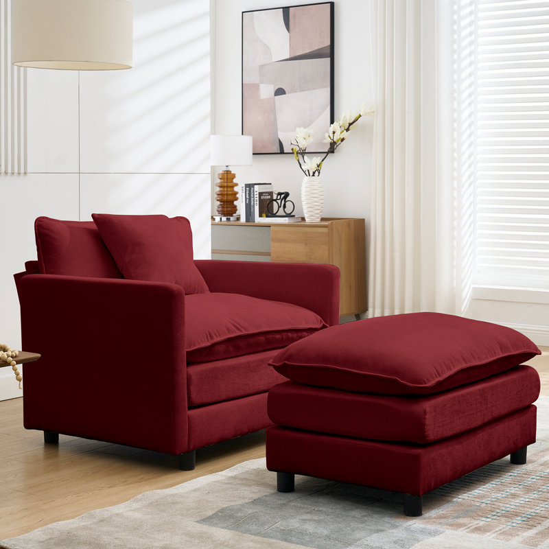 Modular Sectional Sofa Couch,Deep Seat Sofa With Movable Ottoman For Living Room,Chenille Couch With Pillows, Red