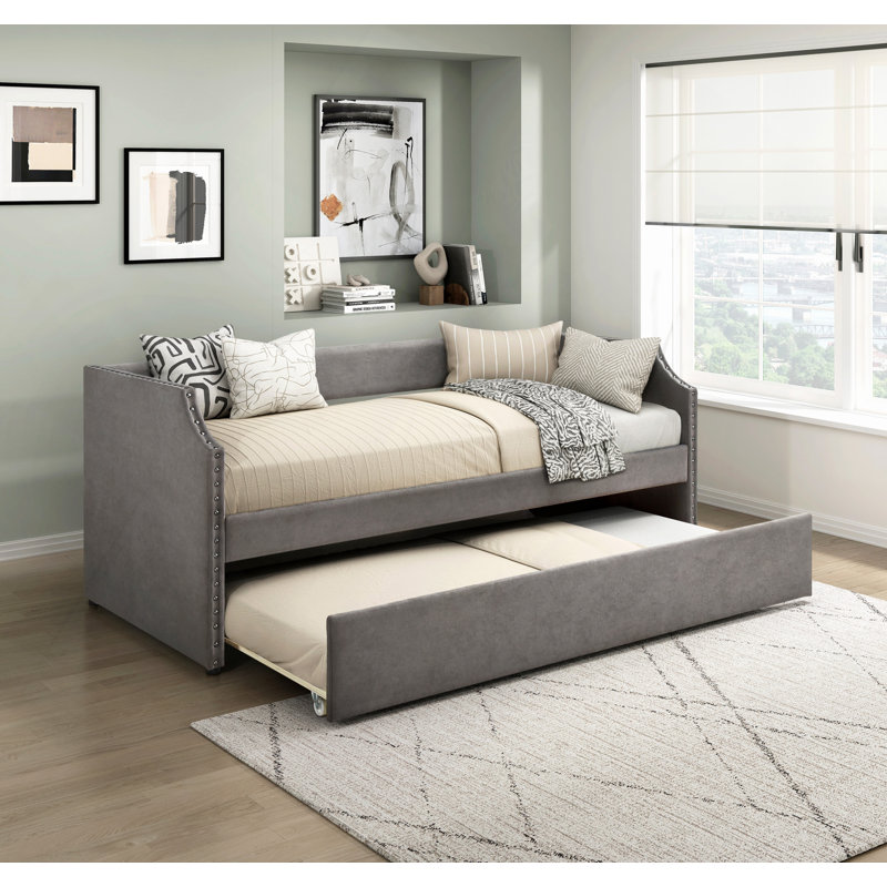 Daybed With Trundle Textured Fabric Upholstered Wooden Furniture 1Pc, Daybed In A Box, Dark Gray