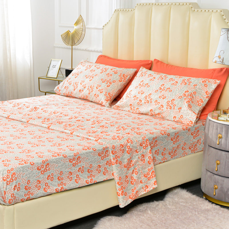 Microfiber Floral Sheet Set, Queen Sheet Set+Fitted Sheet+4 Pillowcases
