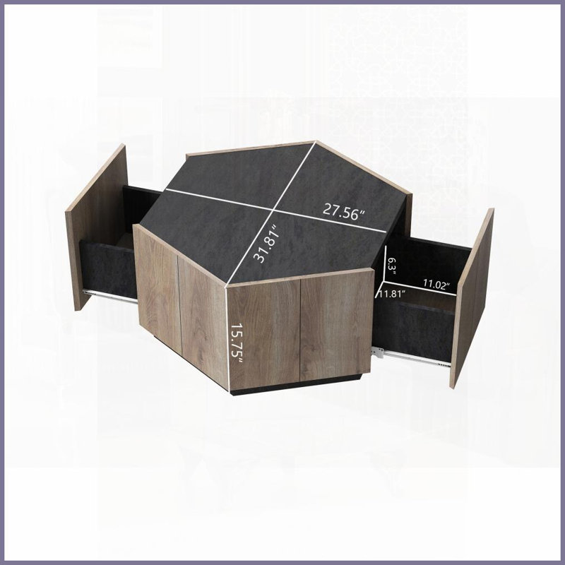 Table basse de jardin hexagonale industrielle avec 2 tiroirs, noir texturé Chêne chaud - assemblage facile Dessus imperméable