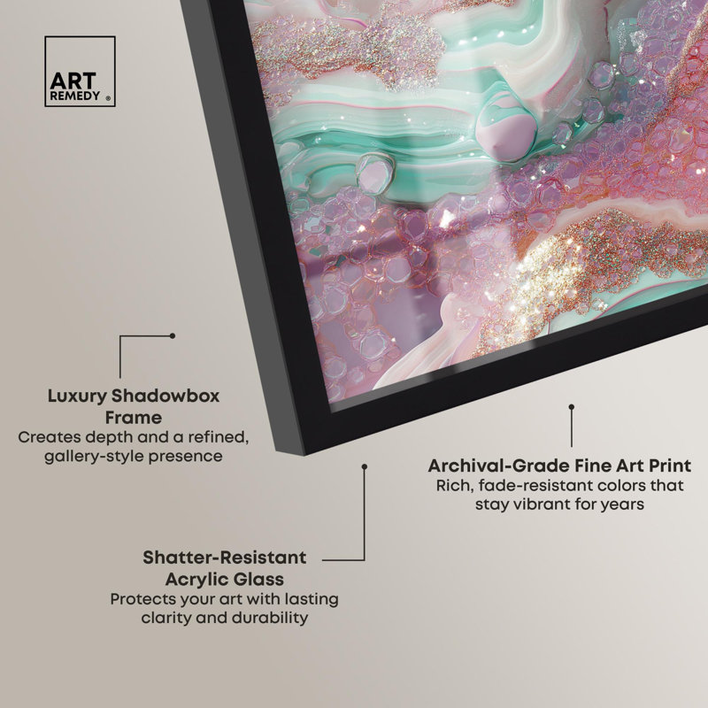 «Pink and Mint Crystal III Shadowbox Print Colorful Abstracts» par Art Remedy, H 21 po x l 21 po, Noir