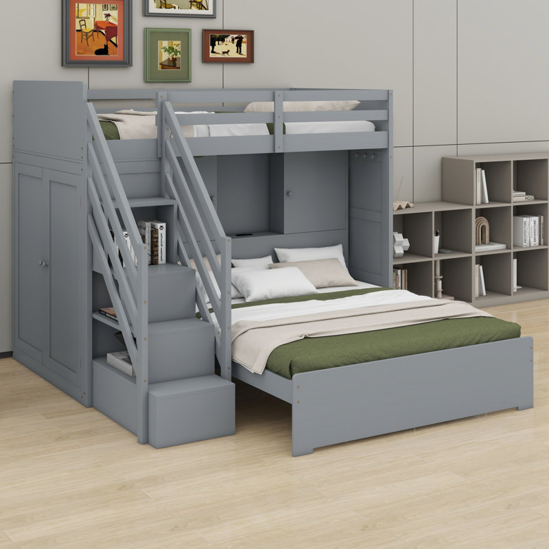Kids Bunk Bed with Storage Stairs, Wardrobe, USB and LED Light for Bedroom, Gray