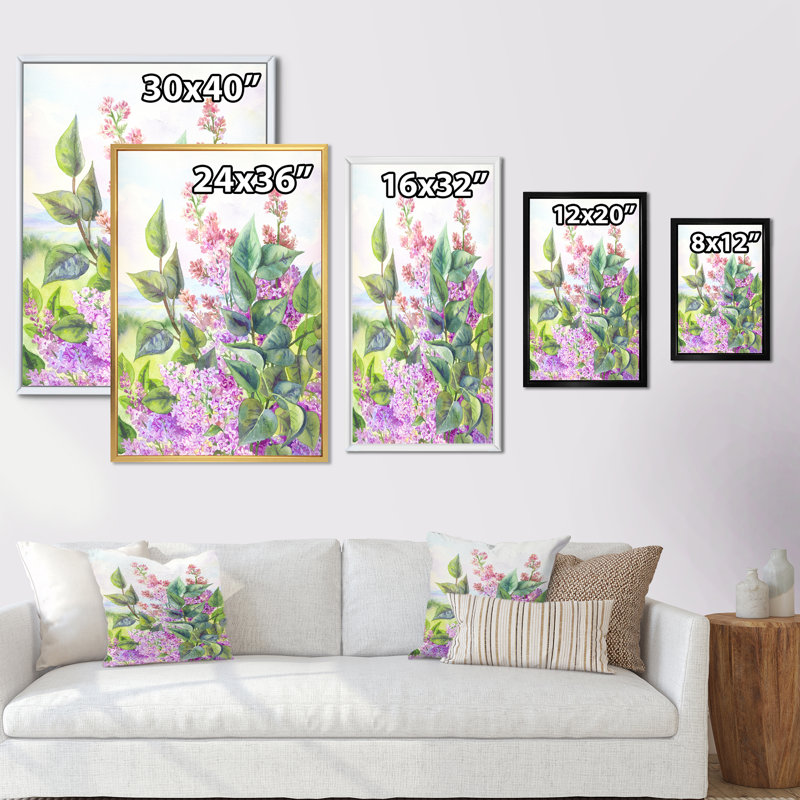 Fleurs de lilas mauves en fleurs - Art sur toile traditionnel, H 36 po x l 24 po x P 1 po, Cadre flottant brun