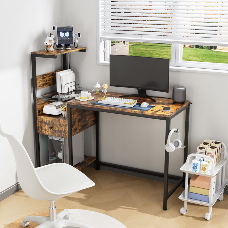 Computer Desk With Power Outlet & Storage Shelves, Study Writing Table With USB Ports Charging Station, PC Desk Workstation For Home Office