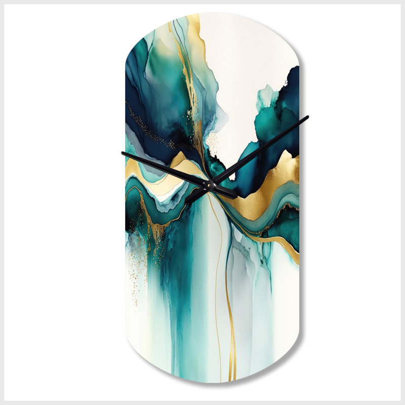 Horloge murale sarcelle et dorée, expression abstraite I - encre liquide asymétrique, Petit