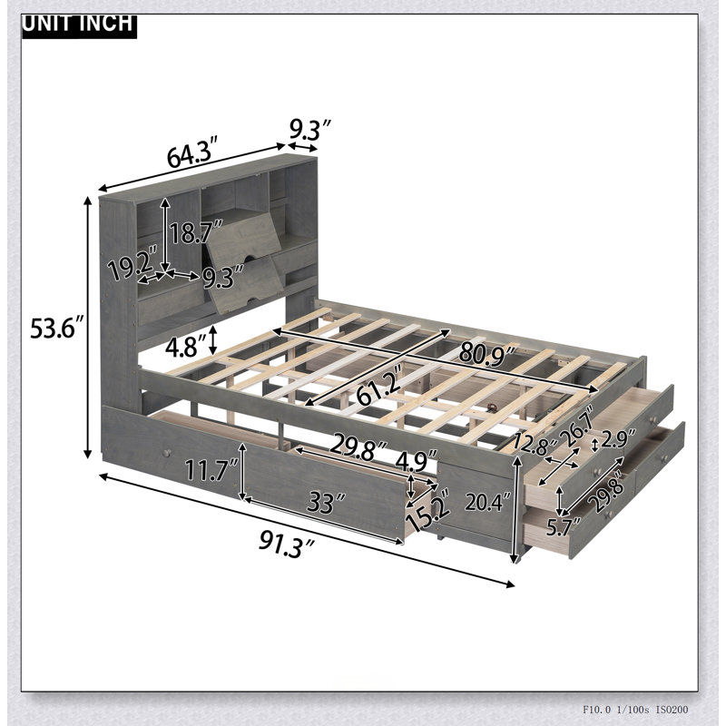 Platform Bed With Storage Headboard And 8 Drawers, Grand lit, Gris