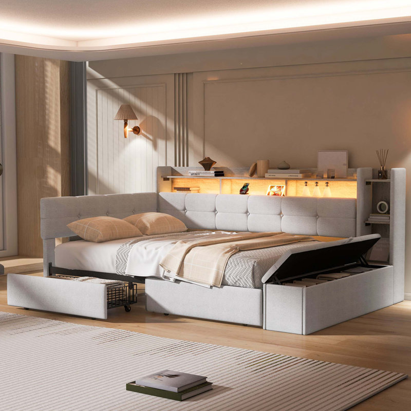 Lit de jour moderne rembourré avec rangement intégré et caractéristiques intelligentes, Beige