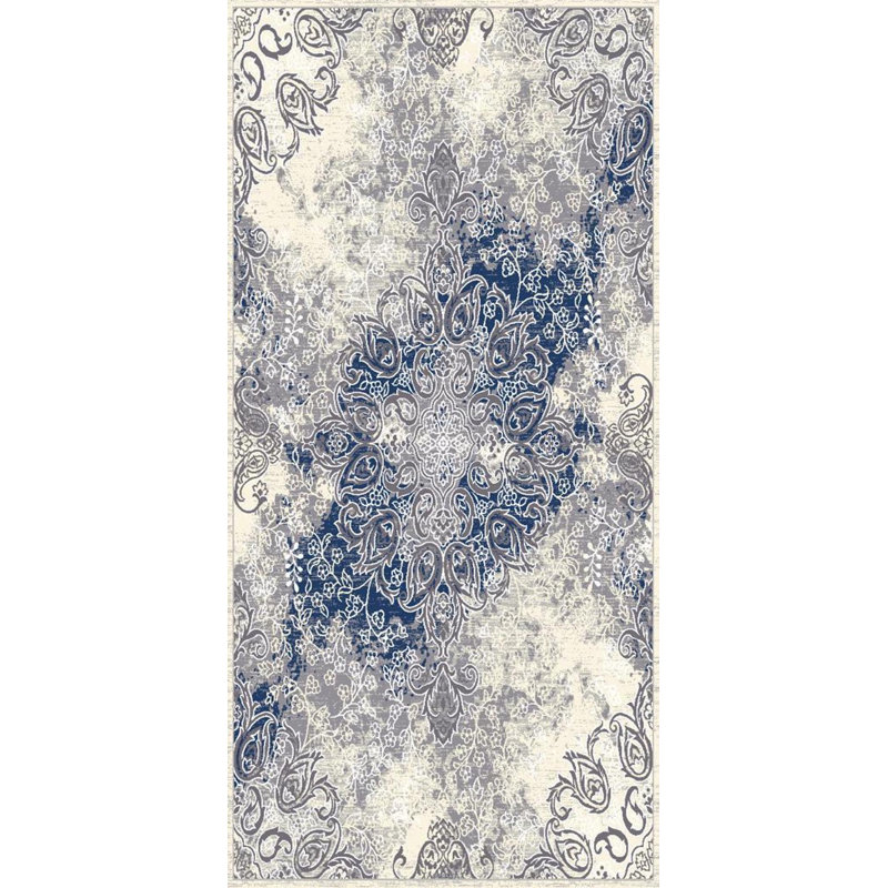 Crème/bleu marine touffeté oriental tapis décoratif Bester, Rectangle 5 pi 3 po x 7 pi 7 po