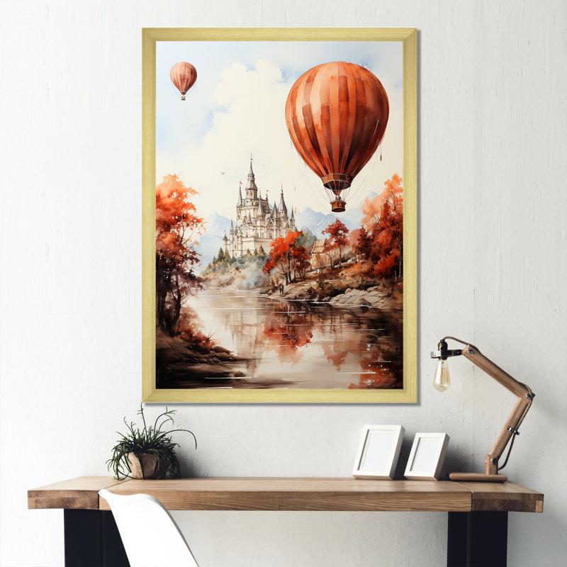 «Castle Hot Air Balloon Flight II», reproduction sur toile, Encadrement doré, H 32 po x l 24 po x P 1 po