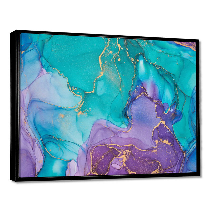 Turquoise et mauve liquide Art I - impression d'art moderne sur toile, H 16 po x l 32 po, Cadre flottant noir