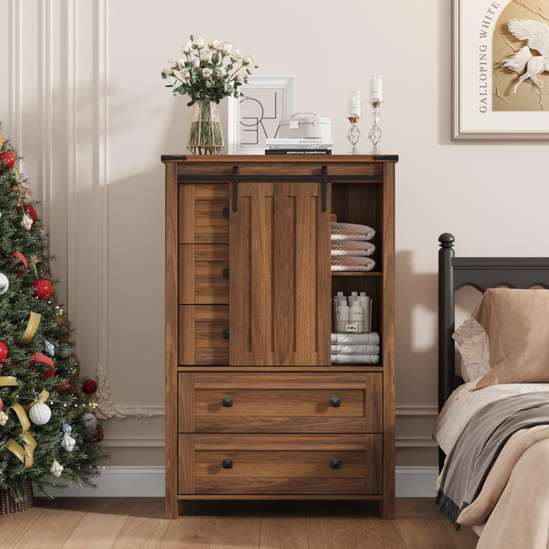 48" Tall Farmhouse 5 Drawer Dresser for Bedroom, Wood Chest with Sliding Barn Door & Adjustable Shelf, Brown