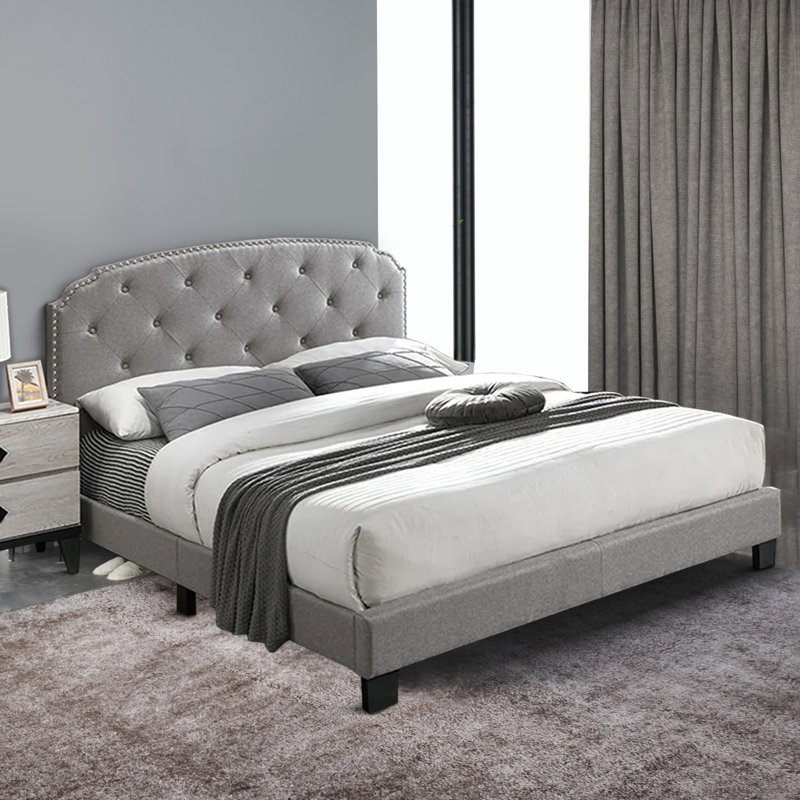 Lit plateforme tapissier Tuffeté Alvena, Grand, Gris
