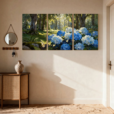 Hortensia forêt, fleurs bleues claires, arbres verts, ensemble de 3 impressions sur toile