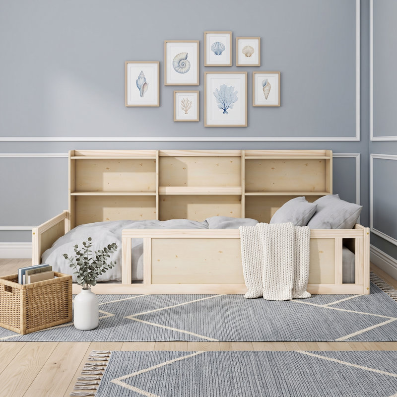 Lit plateforme en bois avec garde-corps double et tablettes de rangement intégrées, Twin, Natural