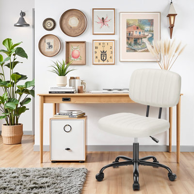 Small Office Computer Desk Chair With Wheels And Lumbar Support, Comfy Cute Armlees PU Leather Vanity Rolling Swuvel Task Chair No Arm For Adult, Student