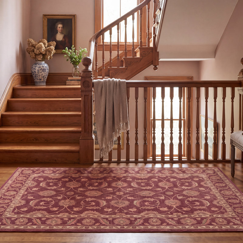Tapis Cedar2 traditionnel à motif floral intégral bordeaux, cuivre, vert, crème et rose, lavable à la machine, antidérapant, à poils courts, pour l'intérieur et l'extérieur, adapté aux animaux domestiques, idéal pour le salon, la chambre, la salle à manger, l'entrée, le couloir ou le bureau.