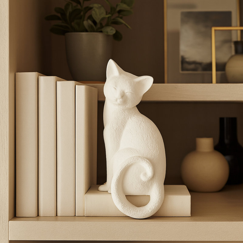 Decorative Kitty with Hanging Tail Figurine Sculpture for Table Decor - Unique Resin Object for Desks, Living Room or Home Decoration - White