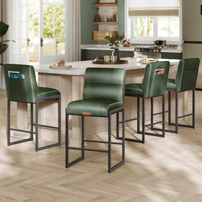 Ensemble de 4 tabourets de bar avec dossier - Vert forêt - Chaises à hauteur de comptoir, revêtement en cuir synthétique avec surpiqûres, design moderne Mid-Century pour îlot de cuisine et de salle à manger