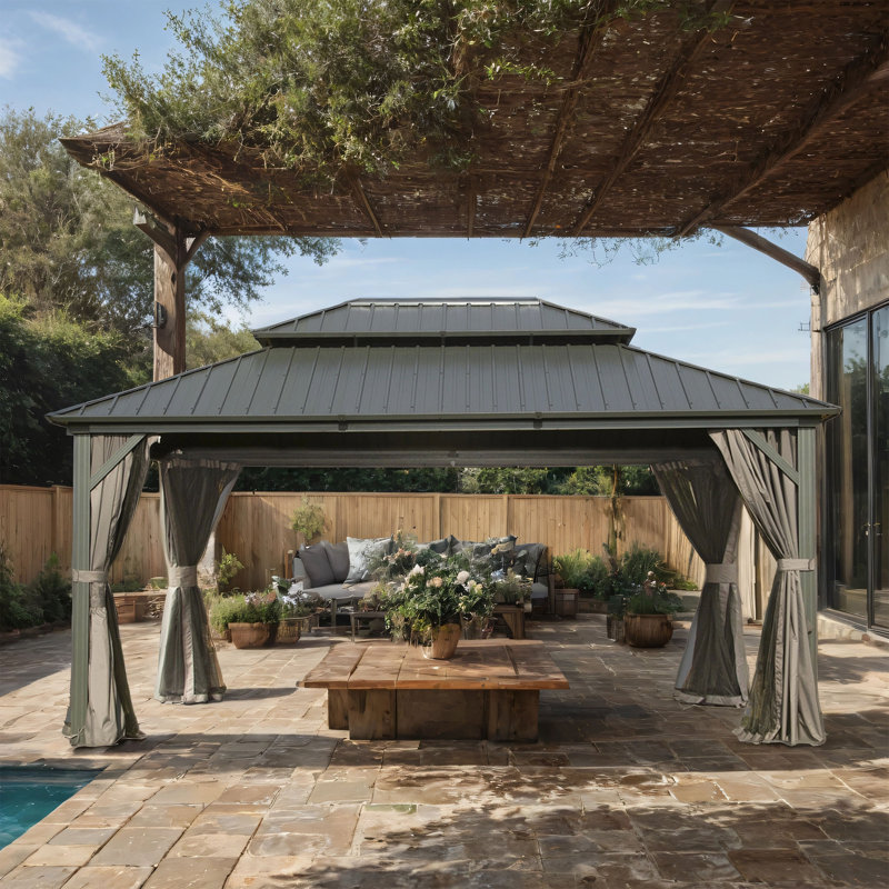 Aluminum Patio Hardtop Gazebo, Gray, 120.12" H x 168" W x 144" D