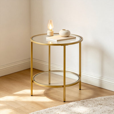 Round Side Table with Glass Shelf in Brass Finish, Modern Minimalist End Table for Living Room, Bedroom, Office