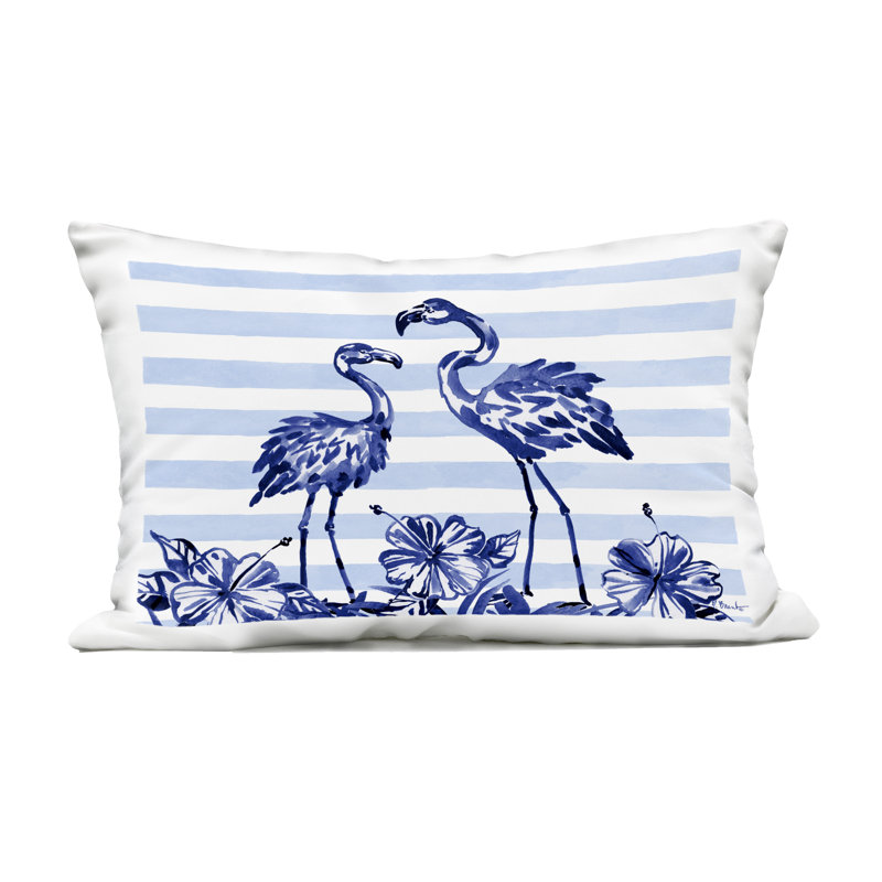 Coussin d'extérieur imprimé indigo flamants roses sur rayures, design par Paul Brent, Animaux bleus 54