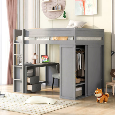 Wood Full Size Loft Bed With Wardrobes And 2-Drawer Desk With Cabinet, Gray