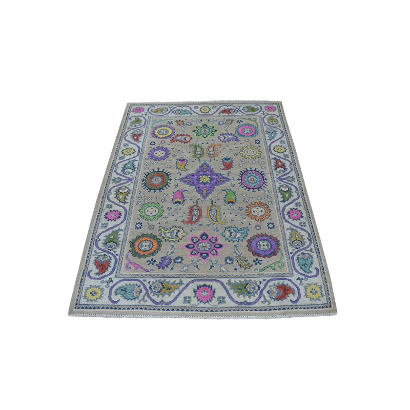Tapis de zone en laine 4 pi x 5 pi 9 po one-of-kind à la main noué la