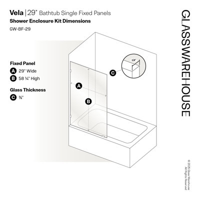 Vela 29 in. x 58.25 in. Frameless Single Fixed Bath Panel