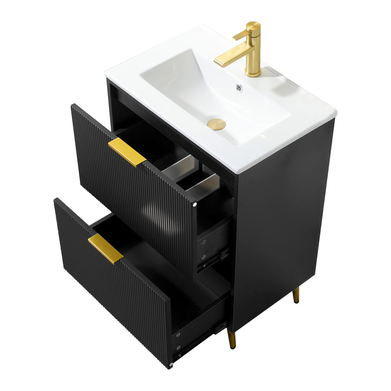 24" Modern Free-Standing Single Bathroom Vanity With Ceramic Top, Black