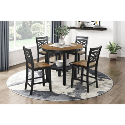 5pc Counter Height Dining Set Round Table with Storage and 4 Counter Height Chairs 2-Tone Black and Brown Finish Wooden Furniture