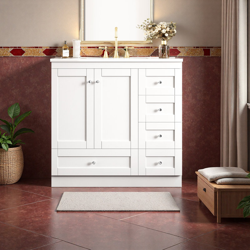 Meuble-lavabo sur pieds 36 po avec lavabo en céramique, Blanc